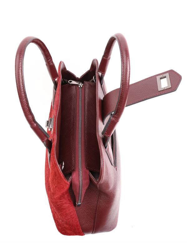 Женская сумка из натуральной кожи с узорными замшевыми деталями - Бордовая