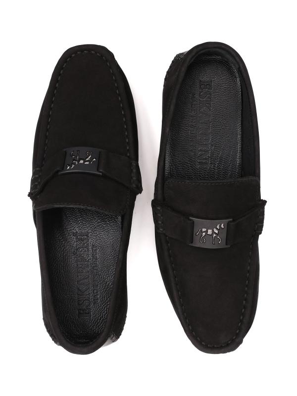Men's Black Natural Suede Loafers with Metal Accessory