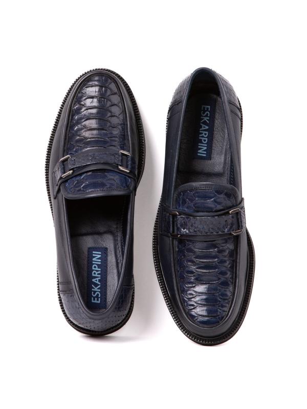 Natural Leather Men's Moccasin Shoes - Dark Blue Model with Snakeskin Effect