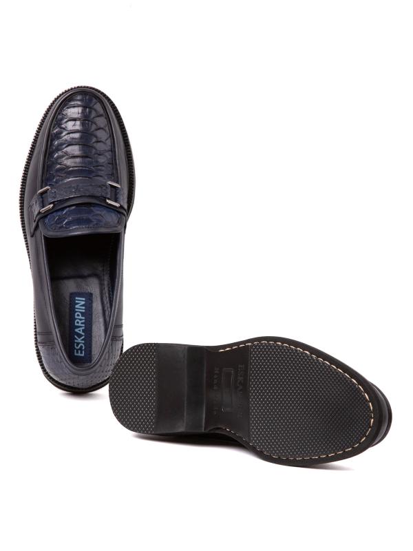 Natural Leather Men's Moccasin Shoes - Dark Blue Model with Snakeskin Effect