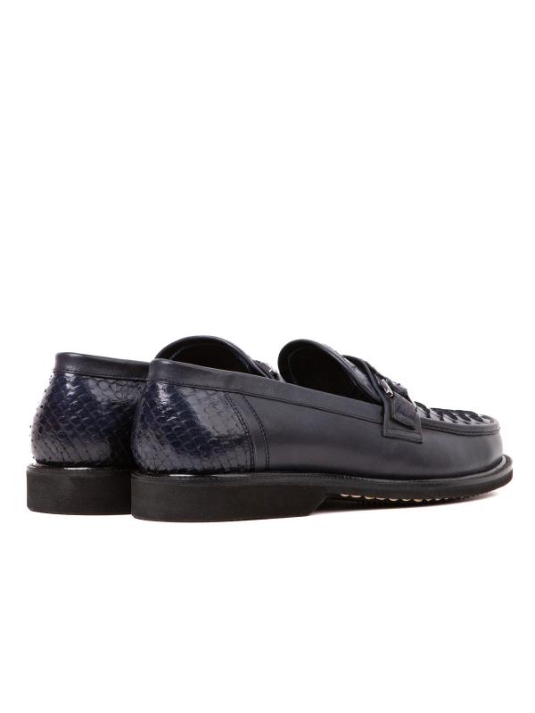 Natural Leather Men's Moccasin Shoes - Dark Blue Model with Snakeskin Effect