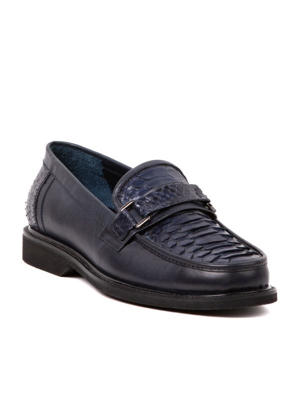 Natural Leather Men's Moccasin Shoes - Dark Blue Model with Snakeskin Effect
