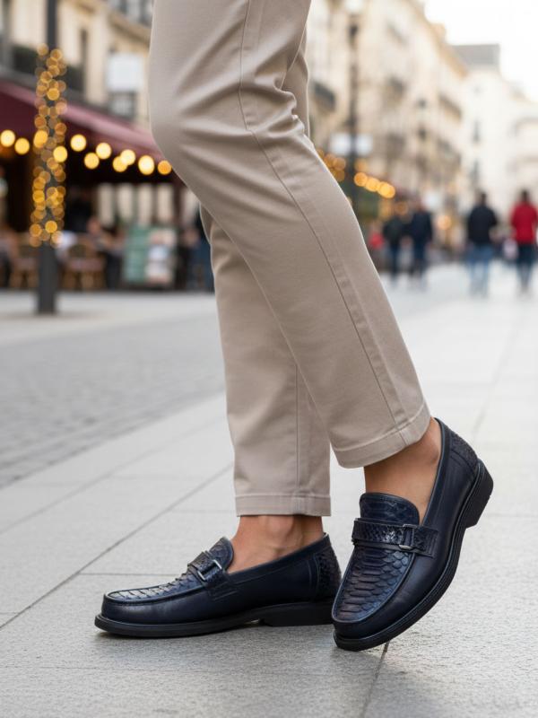 Natural Leather Men's Moccasin Shoes - Dark Blue Model with Snakeskin Effect