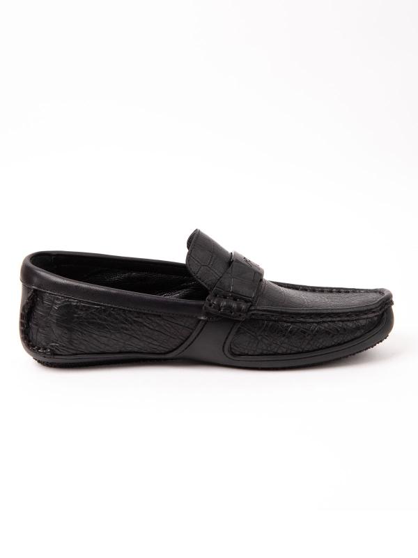 Men's Black Crocodile-Embossed Leather Loafers with Metal Logo