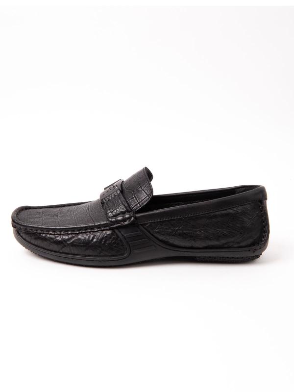 Men's Black Crocodile-Embossed Leather Loafers with Metal Logo