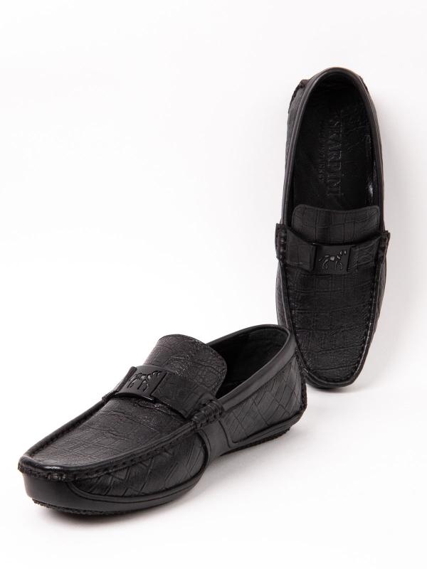 Men's Black Crocodile-Embossed Leather Loafers with Metal Logo