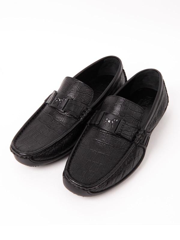 Men's Black Crocodile-Embossed Leather Loafers with Metal Logo