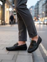 Men's Black Crocodile-Embossed Leather Loafers with Metal Logo