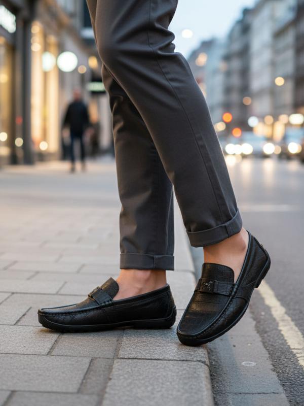 Men's Black Crocodile-Embossed Leather Loafers with Metal Logo