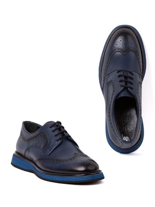 Dark Blue Leather Classic Men's Shoes - Contrast Blue Sole