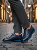 Dark Blue Leather Classic Men's Shoes - Contrast Blue Sole