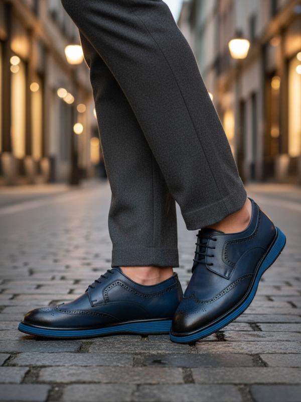 Dark Blue Leather Classic Men's Shoes - Contrast Blue Sole