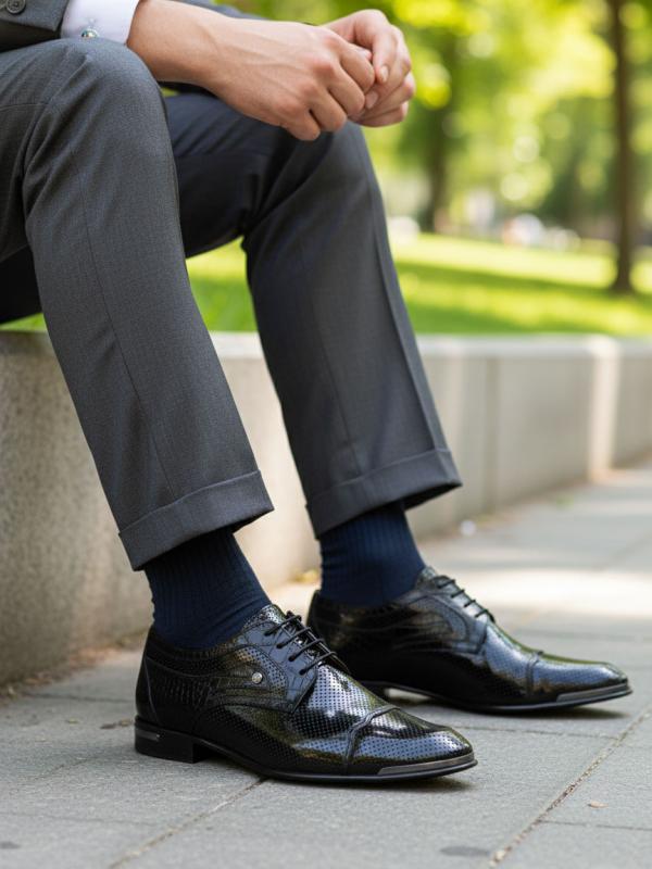 Crocodile Pattern and Laser Cut Natural Leather Patent Classic Men's Shoes