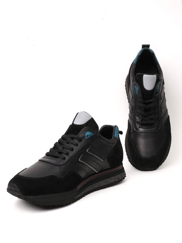 Black Men's Sneakers with Natural Leather and Suede Combination