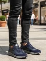 Men's Genuine Leather Casual Sneakers - Navy Blue