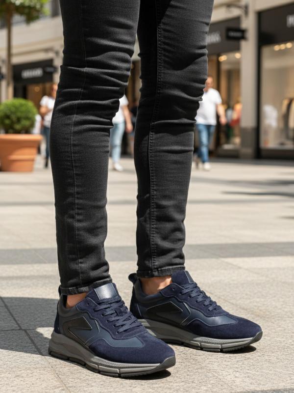 Men's Genuine Leather Casual Sneakers - Navy Blue