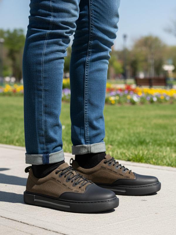Eskarpini "Urban Style" Men's Genuine Leather Sneakers - Khaki and Black