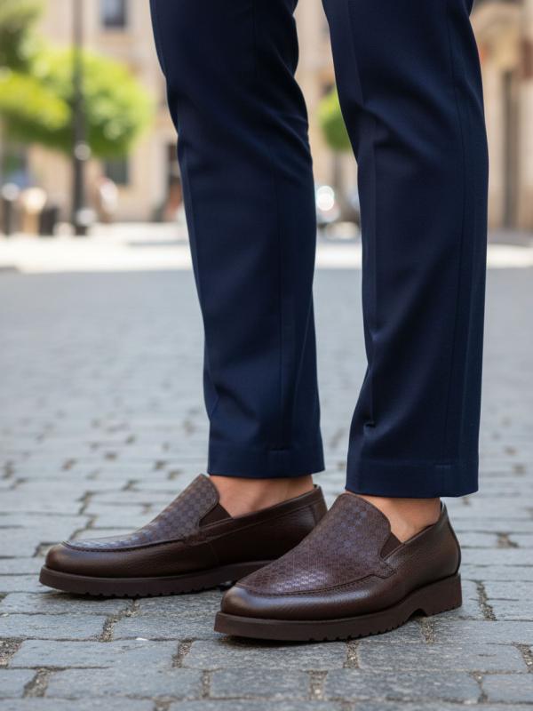 Eskarpini Natural Leather Men's Loafer – Brown with Geometric Pattern