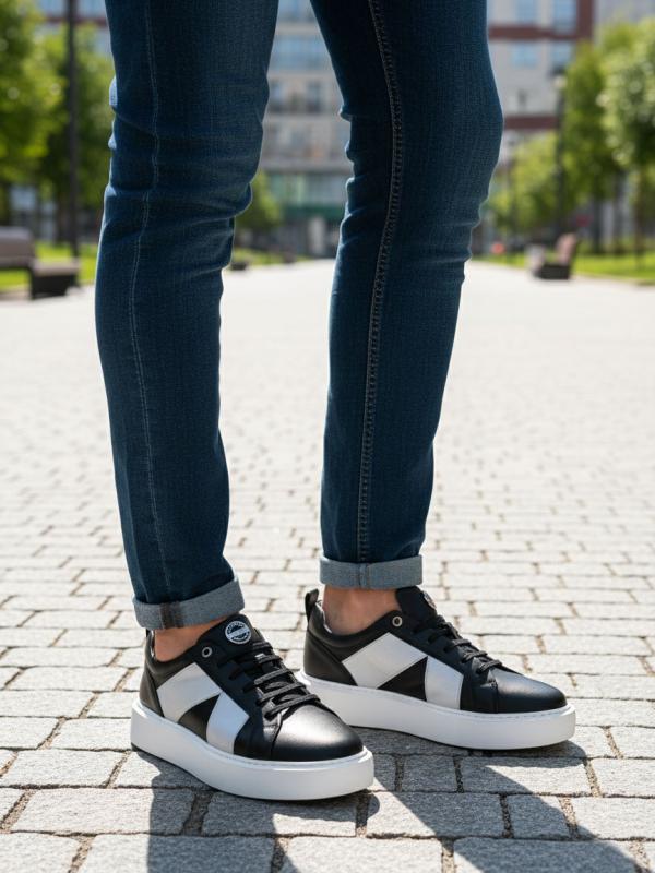 Men's Genuine Leather Daily Sneaker – Contrast White Stripe Model