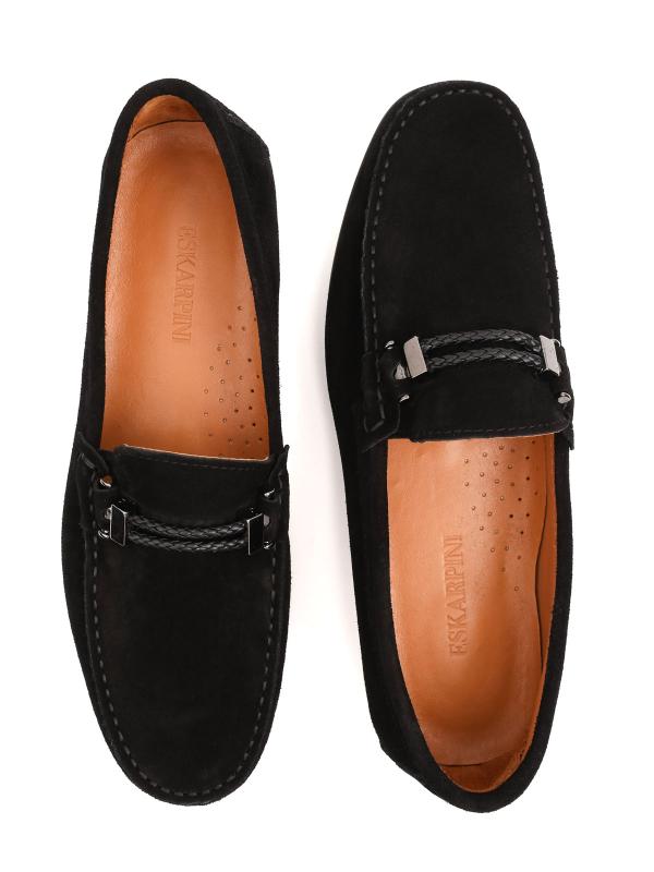 Men's Genuine Suede Moccasins - Black with Metal Accessory