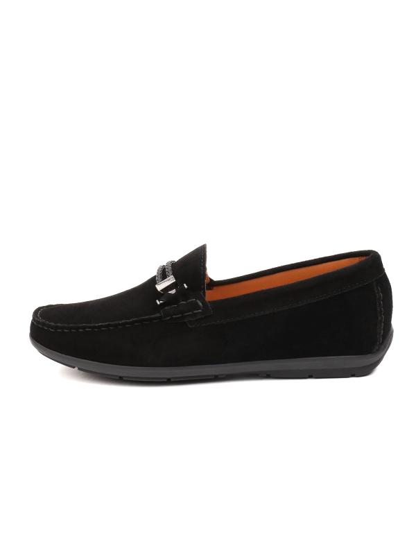 Men's Genuine Suede Moccasins - Black with Metal Accessory
