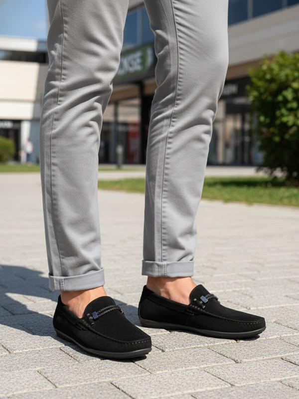 Men's Genuine Suede Moccasins - Black with Metal Accessory