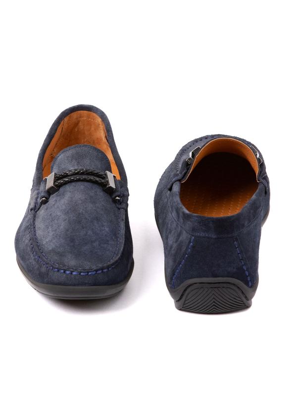 Natural Suede Dark Blue Men's Moccasin with Metal Accessory