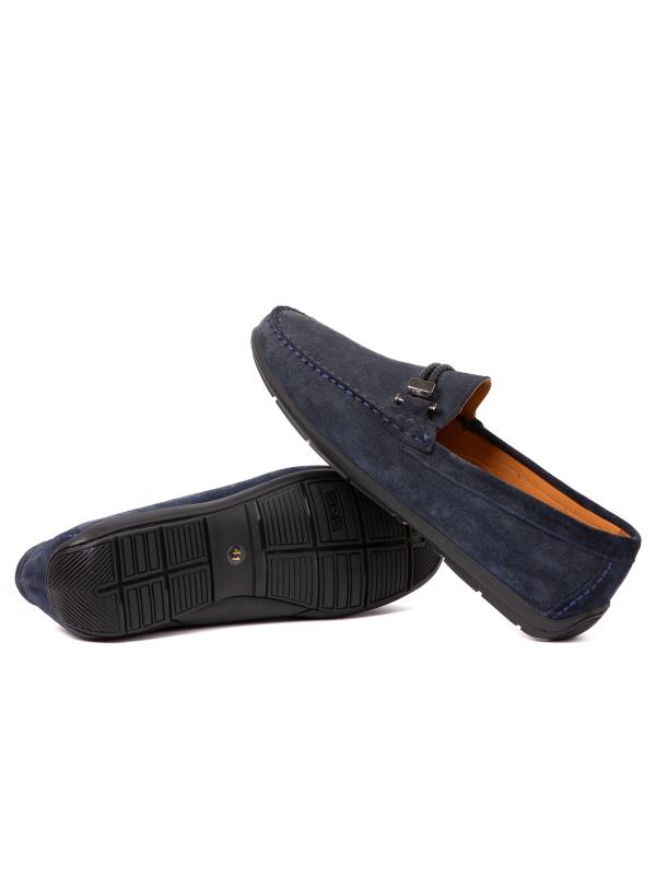 Natural Suede Dark Blue Men's Moccasin with Metal Accessory