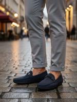 Natural Suede Dark Blue Men's Moccasin with Metal Accessory