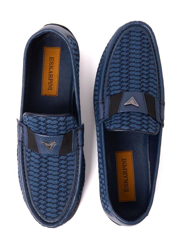 Navy Blue Moccasin with Leather and Textile Combination