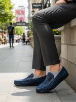 Navy Blue Moccasin with Leather and Textile Combination