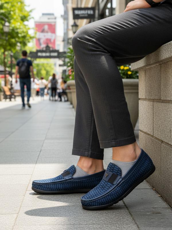 Navy Blue Moccasin with Leather and Textile Combination