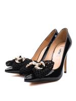 Black Natural Patent Leather Stiletto with Guipure Band and Stone Accessory - 10 cm