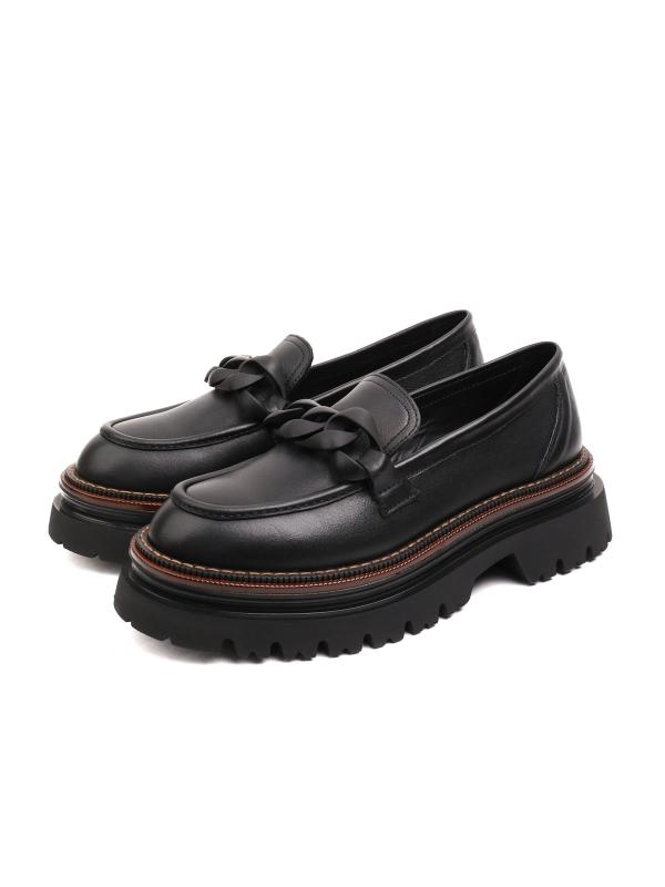 Black Genuine Leather Chain Detailed Chunky Sole Women's Loafer