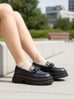 Black Genuine Leather Chain Detailed Chunky Sole Women's Loafer