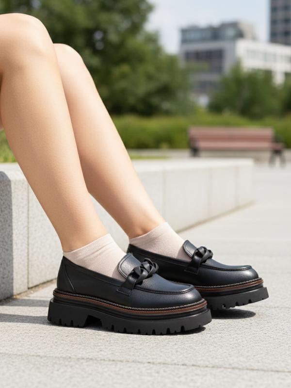 Black Genuine Leather Chain Detailed Chunky Sole Women's Loafer