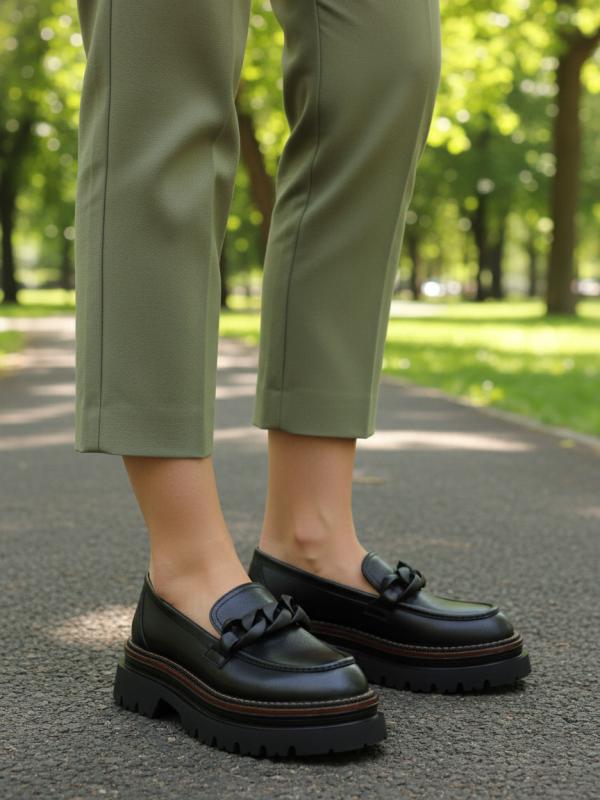 Black Genuine Leather Chain Detailed Chunky Sole Women's Loafer