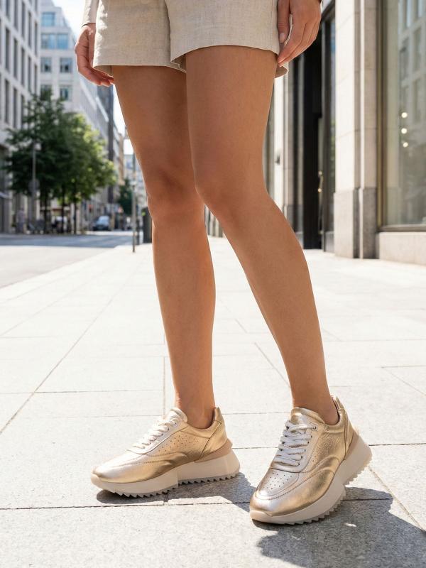 Gold Premium Genuine Leather Platform Women's Sneakers