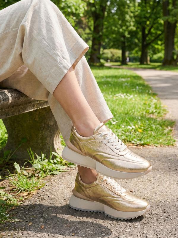 Gold Premium Genuine Leather Platform Women's Sneakers