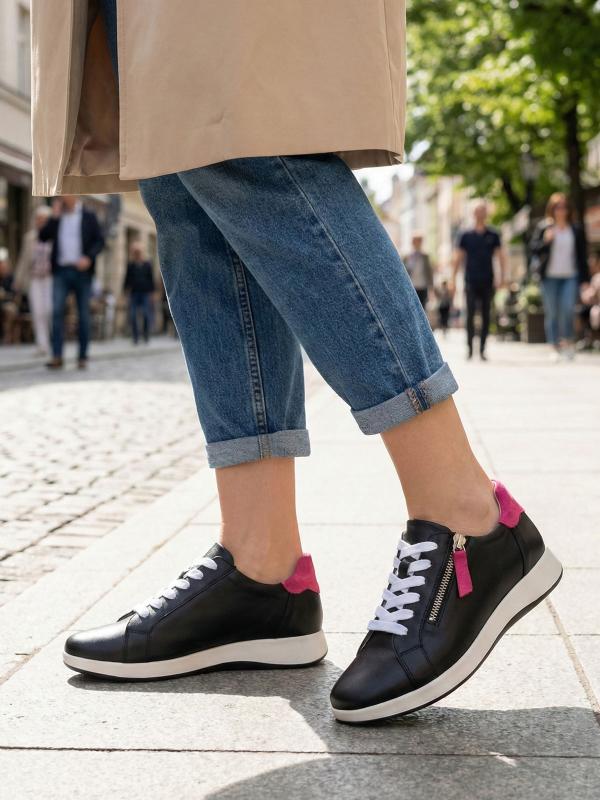 Genuine Leather Black Women's Sneaker – Pink Detailed
