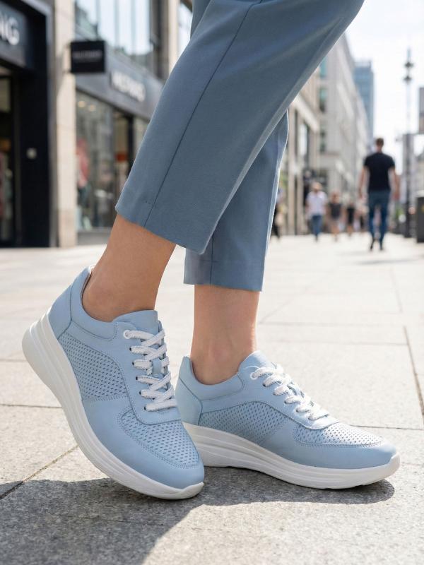 Sky Breeze – Light Blue Perforated Genuine Leather Women's Sneaker