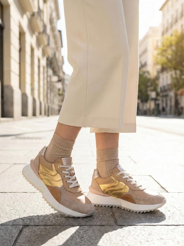 Beige and Gold Detailed Genuine Leather Women's Sneakers