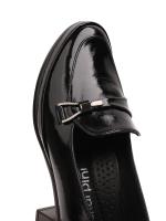 Black Natural Leather Metal Accessorized Women's Heeled Loafer