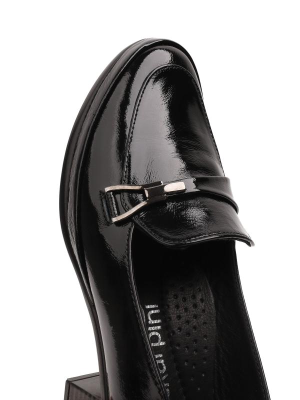 Black Natural Leather Metal Accessorized Women's Heeled Loafer