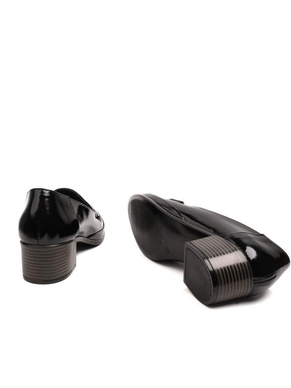 Black Natural Leather Metal Accessorized Women's Heeled Loafer