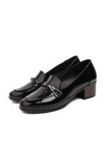 Black Natural Leather Metal Accessorized Women's Heeled Loafer