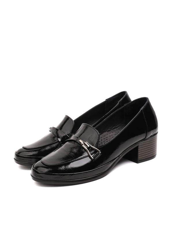Black Natural Leather Metal Accessorized Women's Heeled Loafer