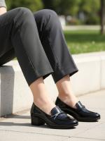 Black Natural Leather Metal Accessorized Women's Heeled Loafer