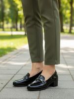 Black Natural Leather Metal Accessorized Women's Heeled Loafer