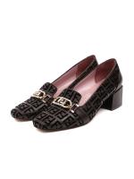 Women's Genuine Leather Monogram Pattern Block Heel Loafers